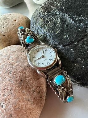 Vintage Native American Turquoise Watch Tips with Watch Face and Band